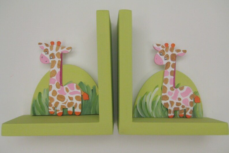 Personalized giraffe and elephant bookends with pink flowers image 4