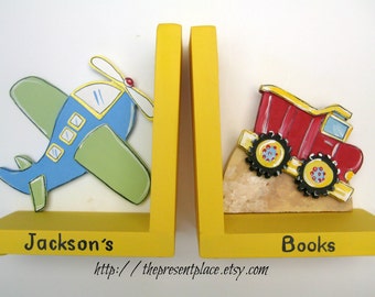 Personalized Airplane and Dump Truck Bookends: Hand-Painted Wooden Decor