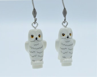 Owl Hedwig Dangle Earrings by Abbie Dabbles made from toy bricks