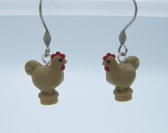 Tan Chicken Dangle Earrings by Abbie Dabbles made from toy bricks