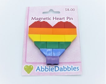 Rainbow Heart Magnetic Pin by Abbie Dabbles made from toy bricks