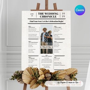 Vintage Newspaper Wedding Table Plan - Customizable Canva Template