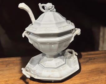 white ironstone sauce tureen with underplate and ladle • English antique ironstone • cottage decor