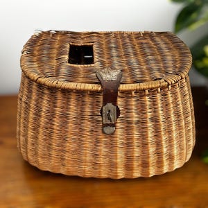 antique willow fishing creel | vintage tight weave wicker fishing basket | gift for him | man cave decor | Adirondack
