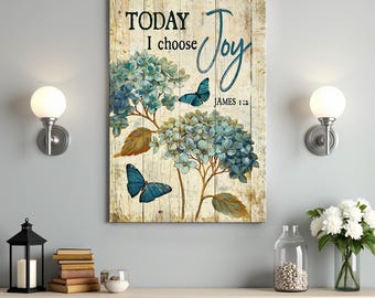 Puede incluir: Un fondo de madera con un diseño floral azul y blanco y mariposas azules. El texto "TODAY I choose Joy" está escrito en negro con la referencia bíblica "JAMES 1:12" debajo.
