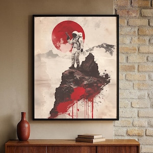 Crimson Orbit Poster - Vintage Sci-Fi Art with Astronaut & UFOs - Edgy Wall Decor