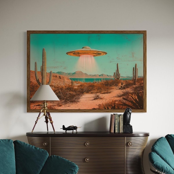 Retro Flying Saucer Art Print: Desert Beach Sci-Fi Poster