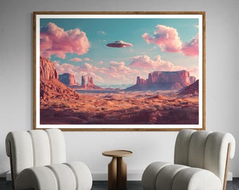 May include: A framed landscape print depicts a desert scene with red rock formations under a sky filled with pink clouds and a hovering UFO. The print is displayed above two white upholstered armchairs and a small wooden side table.