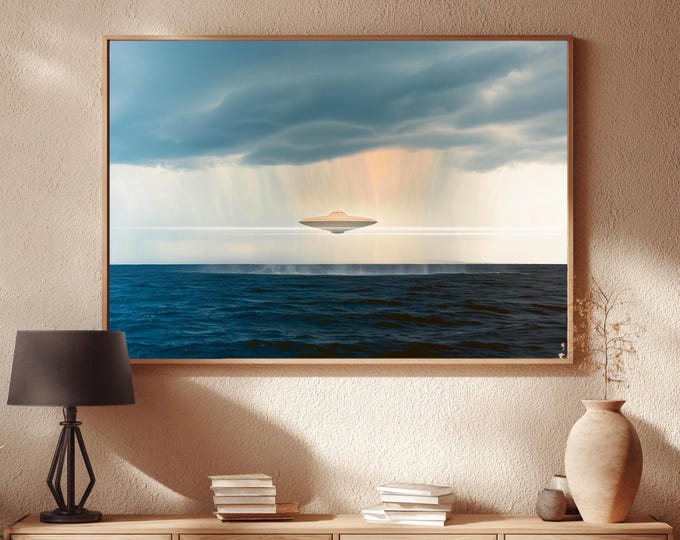 UFO Over Open Ocean Retro Sci-Fi Poster - Alien Art Print for Midcentury Modern Decor