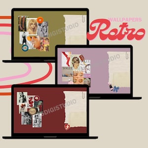 Puede incluir: Tres pantallas de ordenador portátil con diferentes fondos de escritorio de temática retro. Cada fondo de escritorio presenta un collage de imágenes con una estética vintage, incluyendo recortes de revistas, fotografías e ilustraciones. El texto "WALLPAPERS Retro" se muestra en una fuente en negrita y estilizada en la parte superior de la imagen.