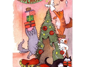 Cat Christmas Greeting Card, Cat Christmas Card, Funny Christmas Cat Art, Cats Watercolor Painting Illustration Print