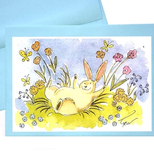 Bunny Rabbit Card, Rabbit Watercolor Painting Bunny Rabbit Greeting Card Cartoon Illustration Print