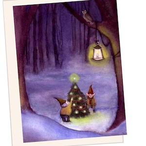 Cartão de Natal de gnomos, cartão de felicitações de Natal de elfos de Natal, pintura em aquarela de Natal, ilustração impressa 5x7