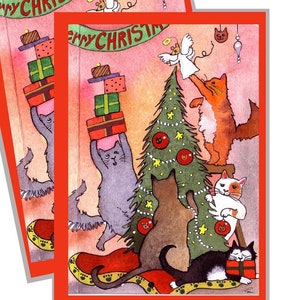 Tarjeta de felicitación navideña de gato, tarjeta navideña de gato, divertido arte navideño de gato, ilustración de acuarela de gatos impresa