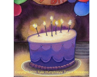 Birthday Card - Birthday Cake Surprise Party Watercolor Painting Print 'Birthday Surprise'