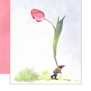 空白のノームカード、ノームとピンクのチューリップの花の水彩画イラストノームグリーティングカードプリント