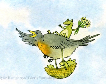 Spring Card, Funny Spring Frog and Robin Bird Card, Blank Friendship Card, Sympathy Card, Thinking Of You Card, Funny Animals Card