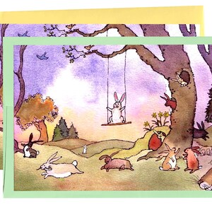Konijnen/konijn kunst - paaskaart - konijnen wenskaart konijnen aquarel schilderij illustratie afdrukken 'Bunnyland'