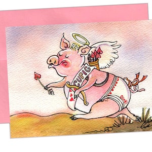 Tarjeta de San Valentín Tarjeta de felicitación de cerdo divertida Tarjeta de felicitación de Cupido Decoración de San Valentín Arte de cerdo Impresión de cerdo en acuarela Decoración de San Valentín Arte de cerdo rosa 'Cupig'