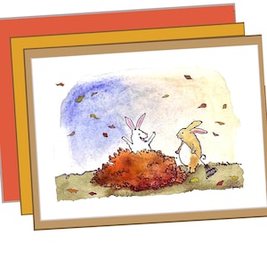 Cartão de coelho/coelho - Cartão de Ação de Graças - Arte de coelho - Cartão de felicitações engraçado de coelho - Impressão em aquarela de coelho 'Coelhinhos de folhas'