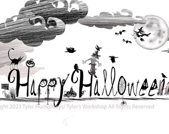 Spooky Halloween Card: Black Cats, Witch, Haunted House (5x7 Blank Card)
