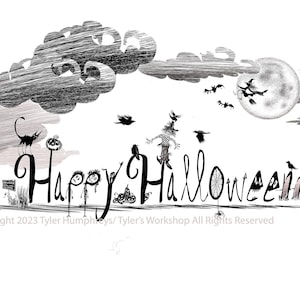 Spooky Halloween Card: Black Cats, Witch, Haunted House (5x7 Blank Card)