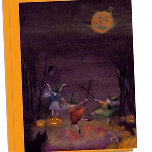 Halloween carte - sorcière Halloween carte de voeux - citrouilles chat noir pleine lune - Illustration Halloween sorcières - « lune des récoltes de citrouilles »