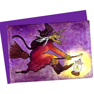 Carte d'Halloween, carte d'Halloween drôle de sorcière, carte d'Halloween faite main, impression de peinture aquarelle drôle de chat noir et de sorcière