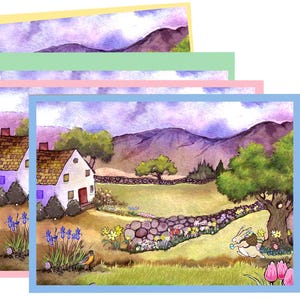 Osterkarte für Kind Osterkarte niedlicher Hase Pastell Ei Aquarell Land Landschaft Druck für Naturliebhaber Ostergeschenk für Ostern