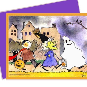 Tarjeta de felicitación de Halloween, tarjeta de Halloween, tarjeta divertida de Halloween, ilustración de acuarela de feliz Halloween para niños con truco o trato.