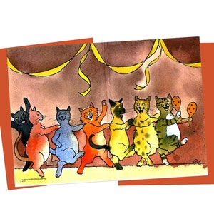 Katzen - Lustige Katzen Gruß Karte - Katzen Kunst - Katze Aquarell Malerei Druck 'Kitty Conga'