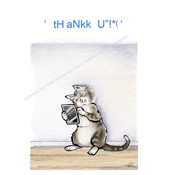 NEW Blank Thank You Card, Funny Cat Thank You Card, Tabby Cat Texting Thank You Greeting Card, Humorous Cat Greeting Card
