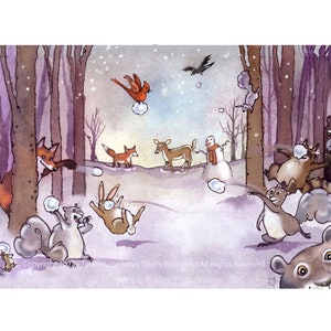 Funny Woodland Animals Card - Christmas Animals Greeting Card - Winter Animal Illustration 'Snowball Fight'