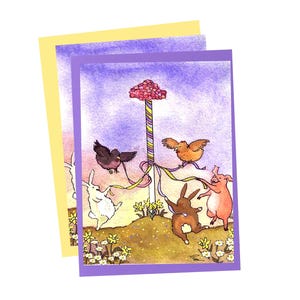 Carte de voeux printanière Carte de fête d'anniversaire Carte de joyeuses Pâques printanières pour les amoureux des animaux Carte aquarelle lunatique animal qui danse