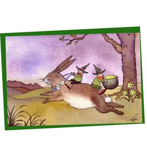 Cartão de felicitações do dia de São Patrício, cartão de duende, arte de coelho, cartão de coelho, impressão de pintura em aquarela de coelho e duende