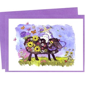 Cartão de felicitações Animal Ovelha Negra Coelho Aquarela Tema Jardim de Verão Cartão em Branco Cartão Bonito Animal de Fazenda Cartão Flor Borboleta Amante Presente