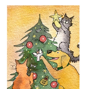 Tarjeta navideña divertida de perro y gato, tarjetas de felicitación navideñas de perros y gatos, tarjeta navideña de mascotas, tarjeta navideña hecha a mano "Navidad peluda"