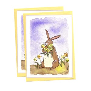 Narzisse Blumen & Lustige Oster Karte, Lustige Hase Kaninchen Karte, Frühling Grußkarte, Kaninchen Aquarell Druck 'Stop And Smell The Daffodils'