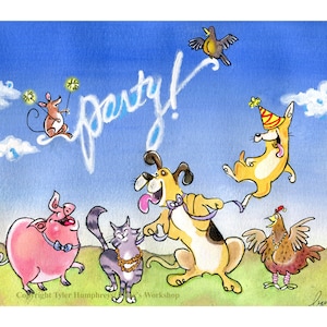 Tarjeta de cumpleaños con animales divertidos, tarjeta de felicitación, tarjeta de felicitación con animales en acuarela, tarjeta de invitación a una fiesta, tarjeta de cumpleaños para niños