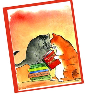 Funny Cat Greeting Card - Whimsical Cat Humor - Tabby and Grey Cats Reading Book - 4x6 Blank Card for Cat Lovers - Pet Owner Gift