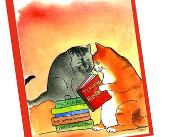 Funny Cat Card: Watercolor Tabby & Grey Cats Reading