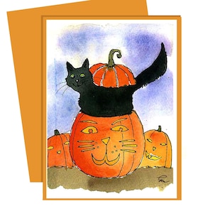 Cartão de Halloween, Cartão de Halloween, Cartão de Halloween de gato preto engraçado, Cartão de gato, Ilustração de desenho animado de gato de abóbora engraçado