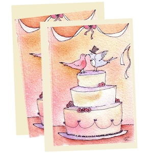 Skurrile Hochzeitskarte mit Tauben - Rosa und Blaue Lovebirds auf Kuchen - Handgemachte 100x150 Aquarell Braut und Bräutigam Karte - Süße Tauben Hochzeitskunst