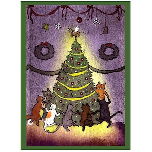 Carte de voeux de Noël drôle de chats avec des chats dansant autour d'ornements de souris d'arbre de Noël, carte de vacances de chat, impression de peinture d'aquarelle de chats