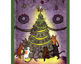 Funny Cats Christmas Card: Watercolor Cat & Mouse Tree Print
