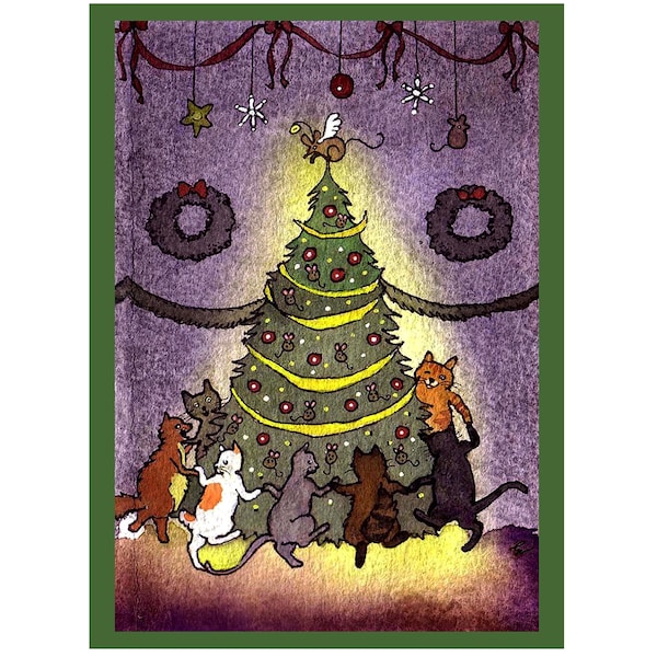 Funny Cats Christmas Card: Watercolor Cat & Mouse Tree Print
