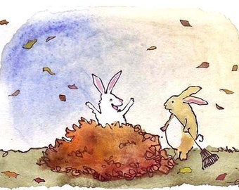 Rabbit/ Bunny Card - Thanksgiving Card - Bunny Rabbit Art - Funny Rabbit Greeting Card - Rabbit Watercolor Print 'Leaf Bunnies'