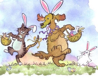 Easter Card, Funny Easter Card, Watercolor Easter, Easter Cat and Dog Card, Easter Greeting, 'Easter Pets'