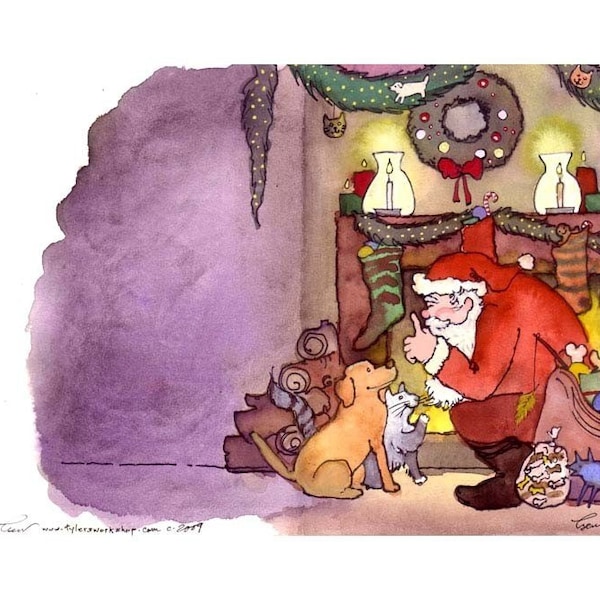 Dog and Cat Christmas Greeting Card- Pets Illustration Print 'Not A Creature Was Stirring'