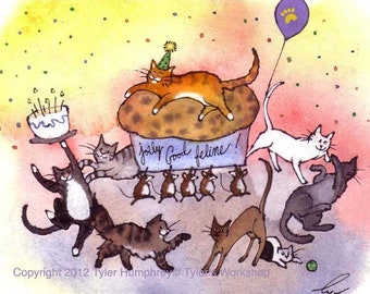 Cat Birthday Card, Funny Cat Greeting Card, Birthday Party Card, Cats Watercolor Painting Cartoon Illustration Print 'Purrrfect Party'